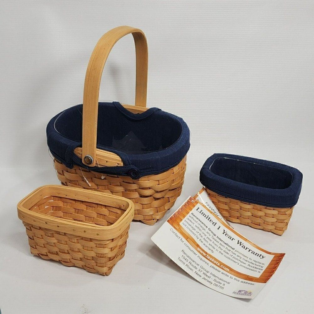 3 Taskets Renaissance Wood Slat Woven Baskets Navy Liner Bow Wow Meow‎